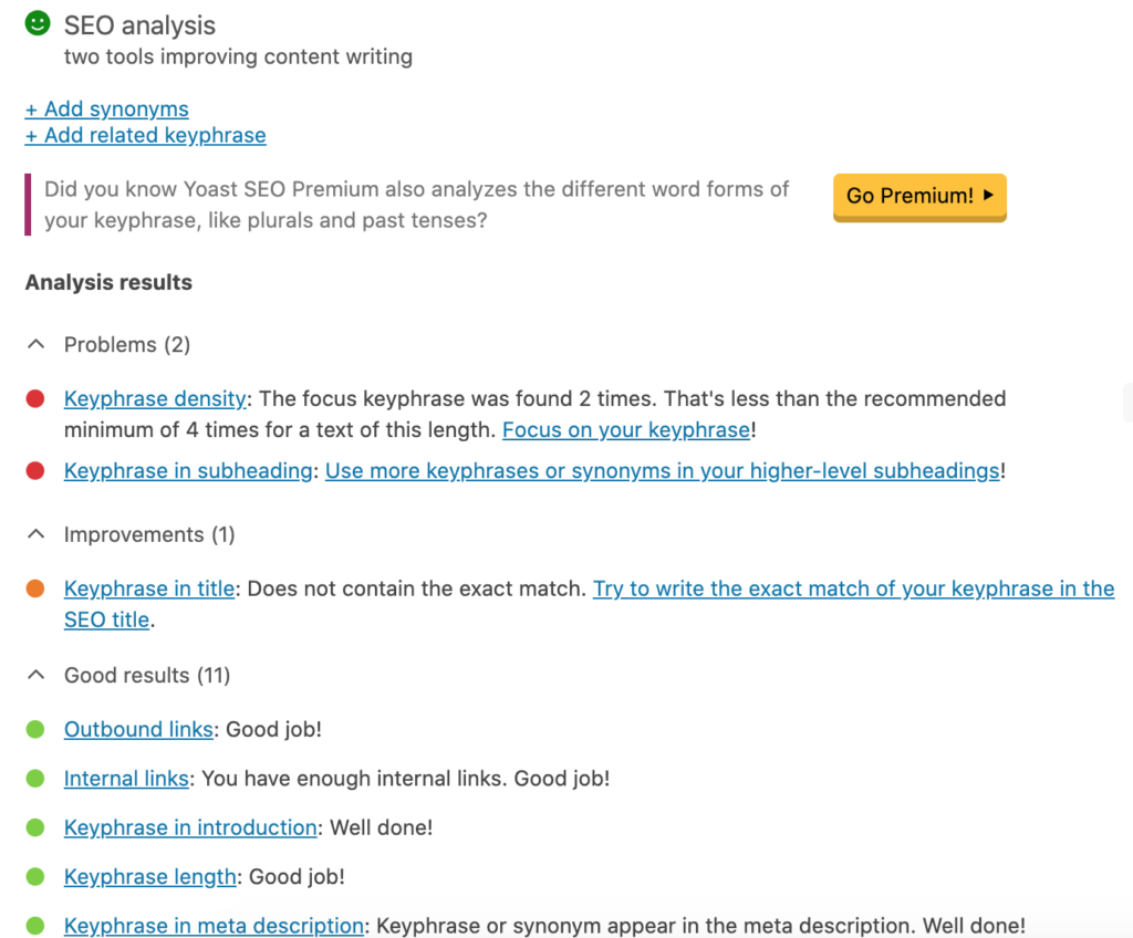 Yoast SEO Analysis Menu part of 2 tools for Improving Your Content Writing Skills by Hit-the-Web Marketing